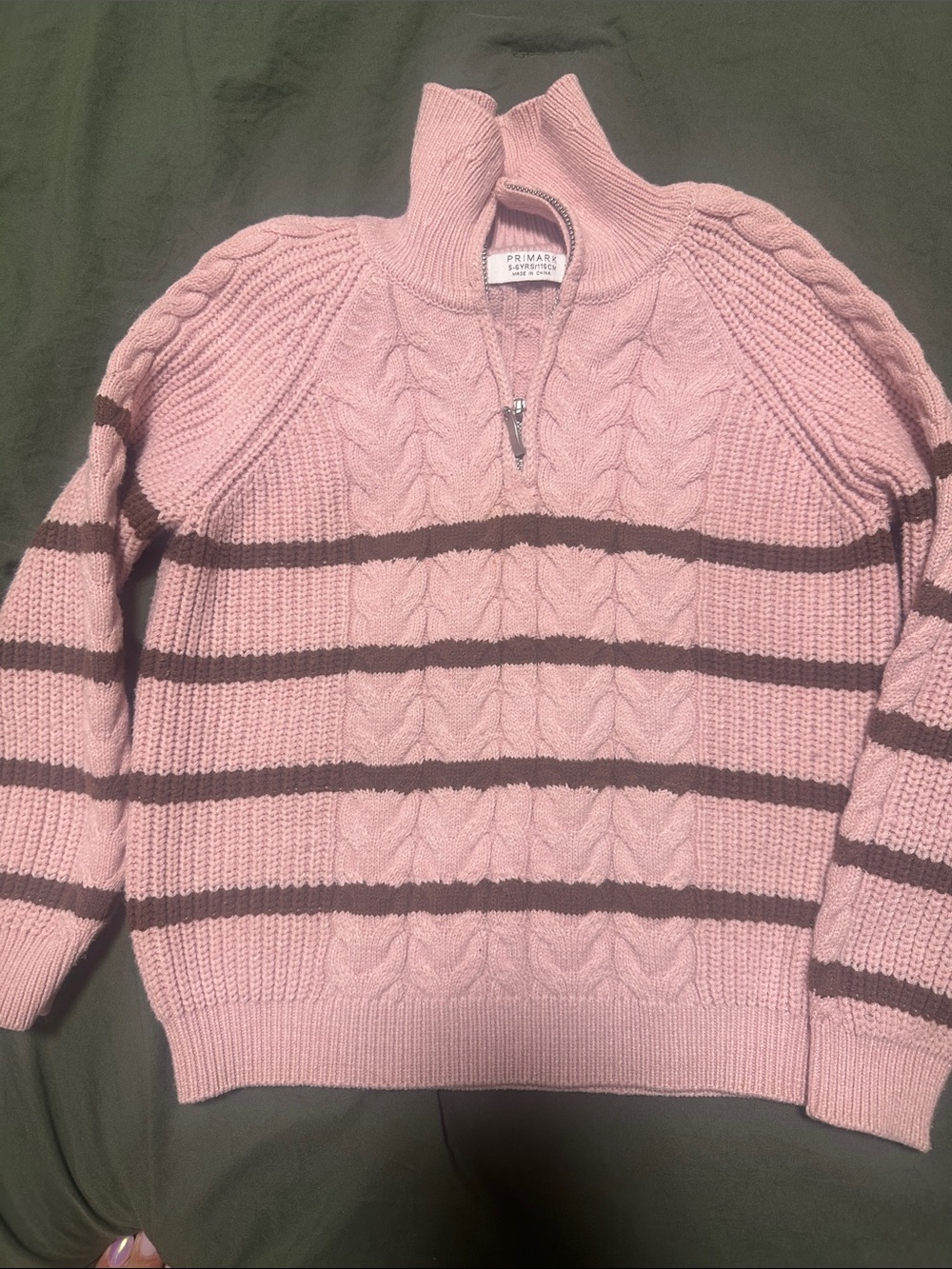 Primark Pink Cable-Knit Half-Zip Sweater with Brown Stripes